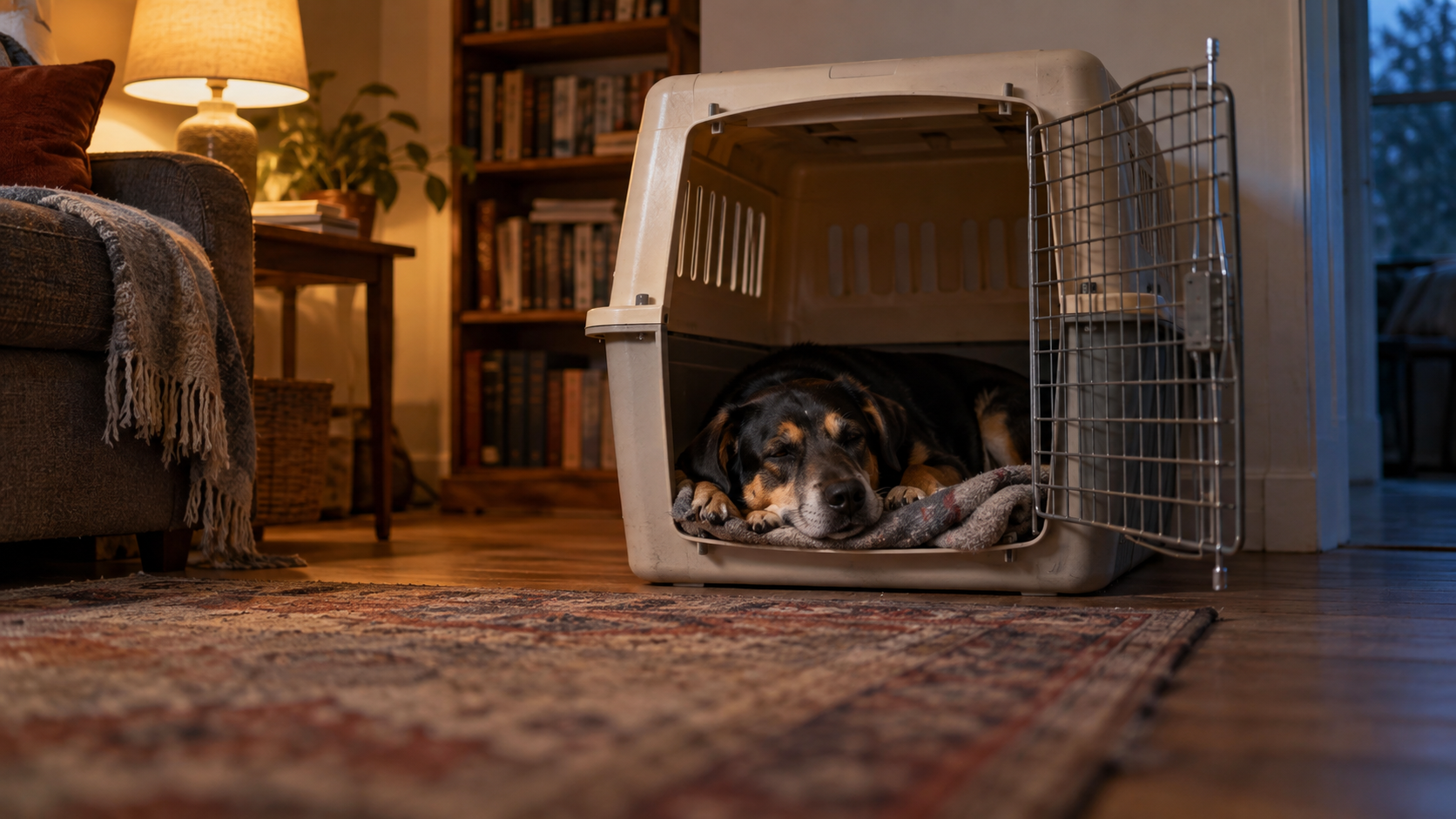Hund in einer Transportbox als Symbol für die Entscheidung zwischen Kabine und Frachtraum auf Langstrecken
