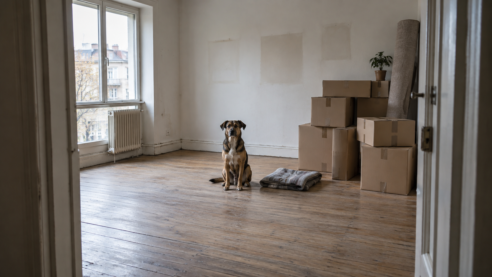 Hund in einer fast leeren Wohnung mit Umzugskartons vor einer Auswanderung
