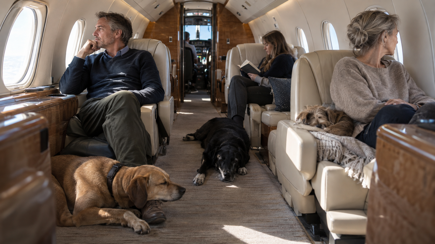 Mehrere Reisende mit Hunden in der Kabine eines Privatjets als Beispiel für Jetsharing